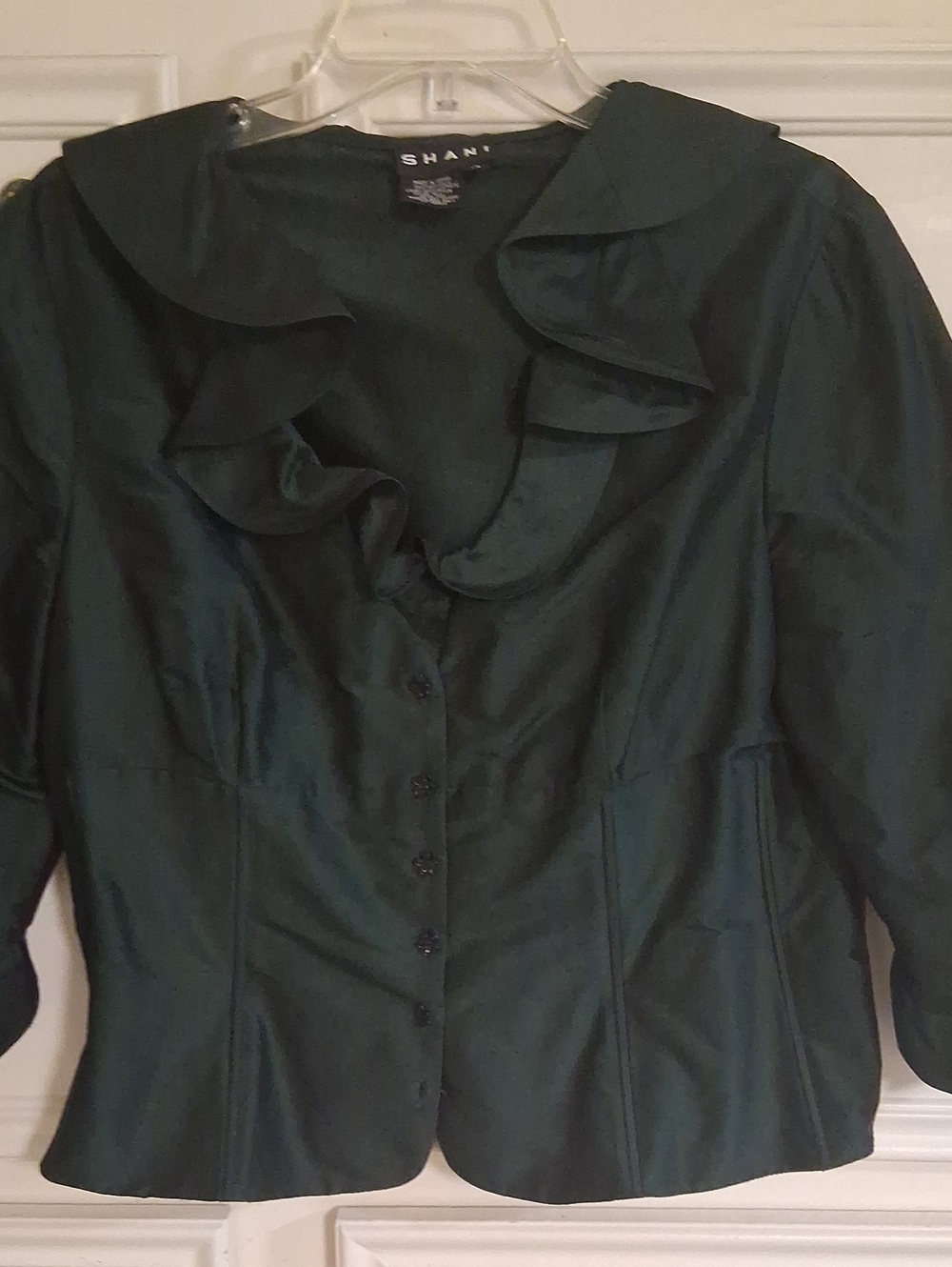 SHAN Emerald Green Ruffle-Front Button Down Blouse